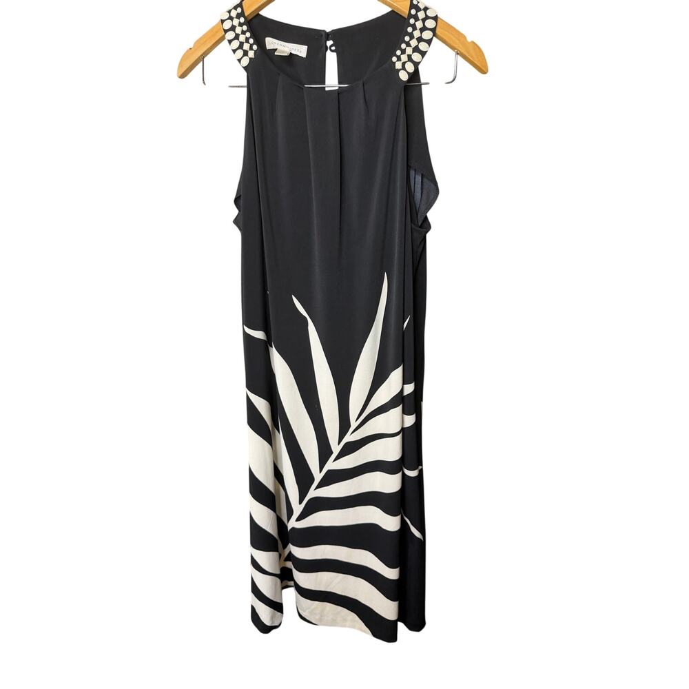 London Times black and white dress large palm leaf print embellished neckline